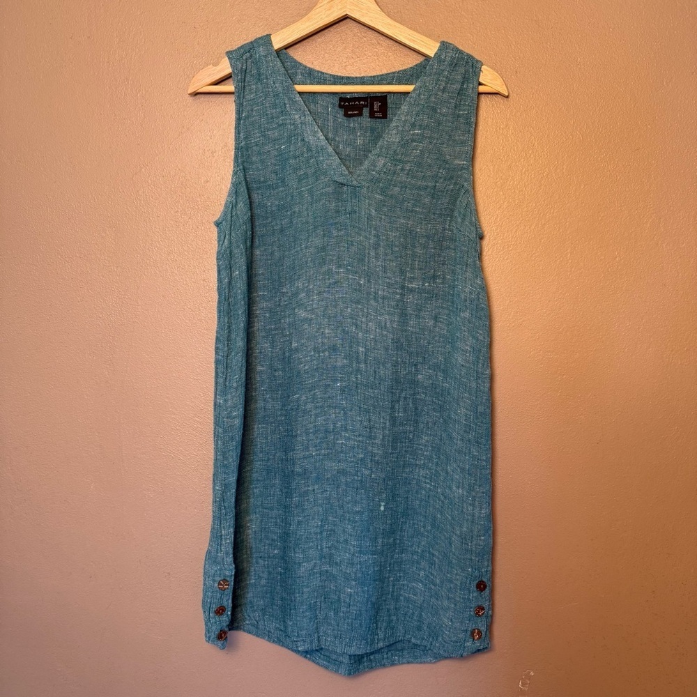 Tahari 100% Linen Sleeveless Teal Midi Dress Cottagecore Coastal Size Small Boho